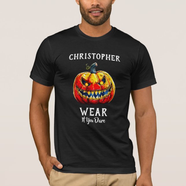 Black Wear if you dare Halloween Smiling Pumpkin T-Shirt (Front)