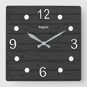 Black Weathered Wood Style with White Numbers Square Wall Clock