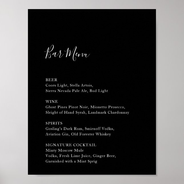 Black Wedding Bar Menu Reception Sign Drinks (Front)