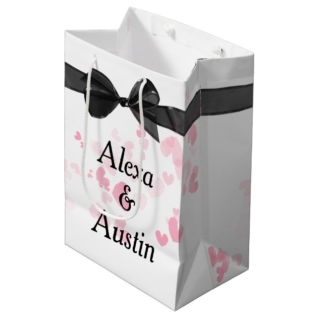 Black Wedding Bow On White With Hearts Medium Gift Bag (Front Angled)