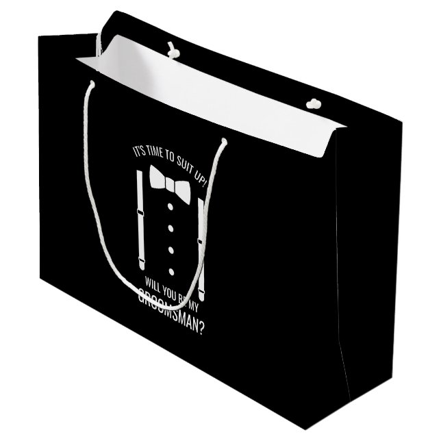 Black Wedding Bow Tie Groomsman Proposal Large Gift Bag (Front Angled)