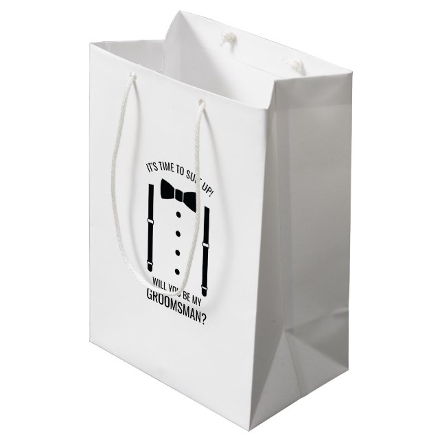 Black Wedding Bow Tie Groomsman Proposal Medium Gift Bag (Front Angled)