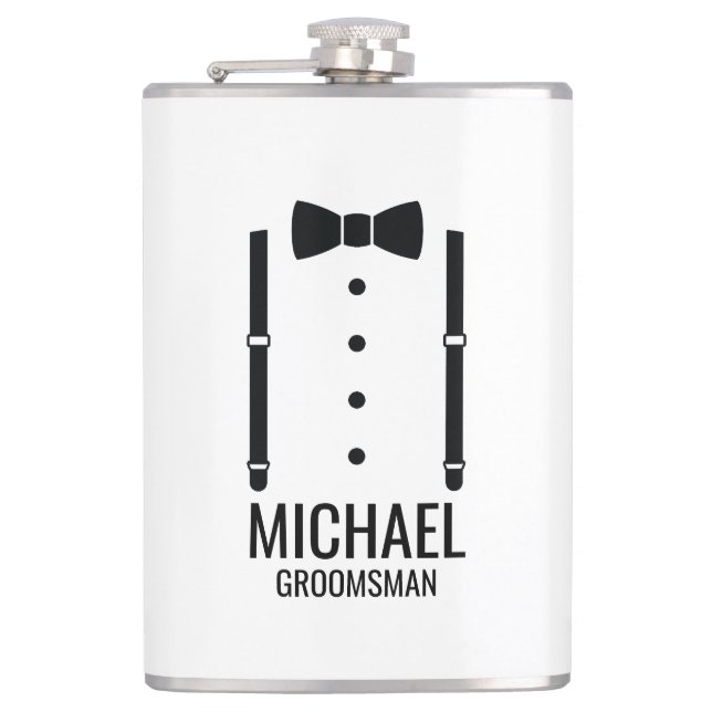 Black Wedding Bow Tie Personalised Groomsmen Hip Flask (Front)