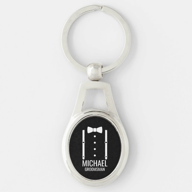 Black Wedding Bow Tie Personalised Groomsmen Key Ring (Front)