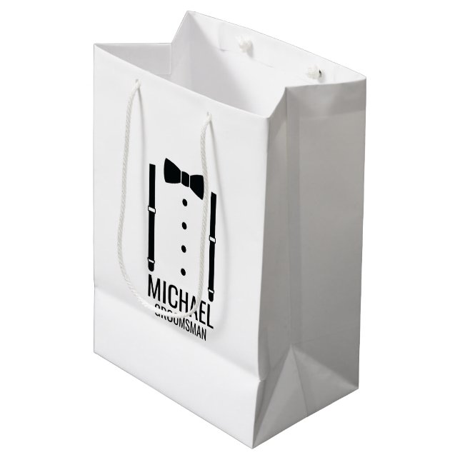 Black Wedding Bow Tie Personalised Groomsmen Medium Gift Bag (Front Angled)