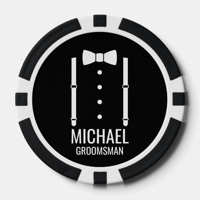 Black Wedding Bow Tie Personalised Groomsmen Poker Chips (Front)