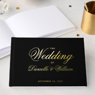 Black Wedding Calligraphy Script Typography Gold Guest Book