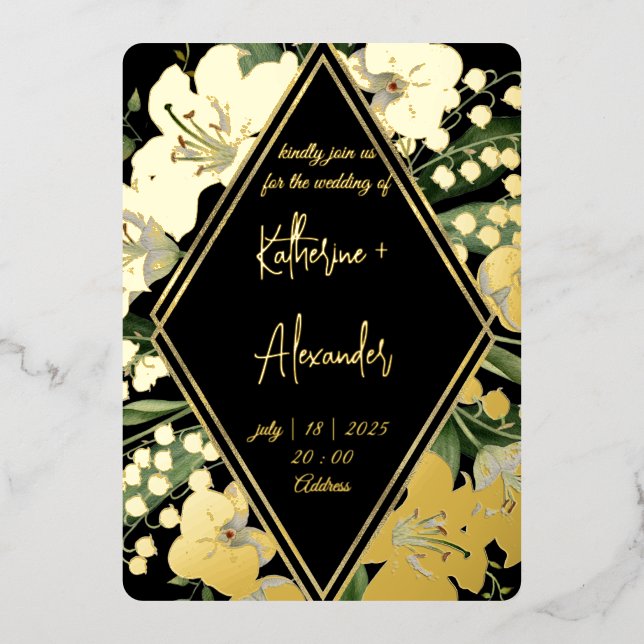 Black wedding floral Lily Invitation classics Gold (Front)