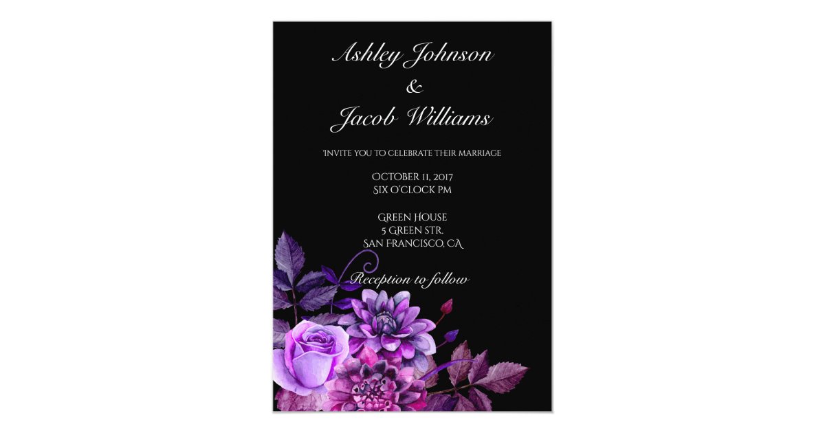 Black wedding invitation. Purple flowers invite Zazzle