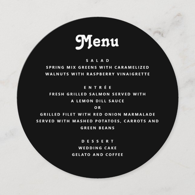 Black Wedding | Minimalist Typography Round Dinner Menu (Front)