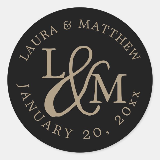 Black Wedding Monogram Classic Round Sticker (Front)