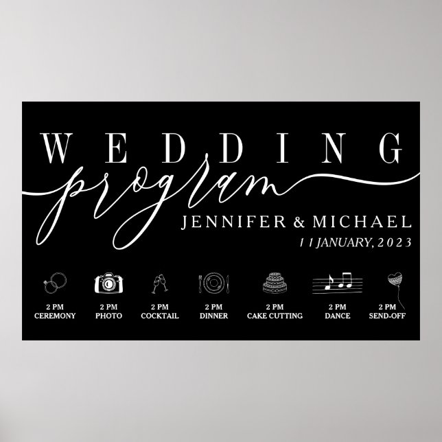 Black Wedding Program Custom Icons Timeline menu Poster (Front)