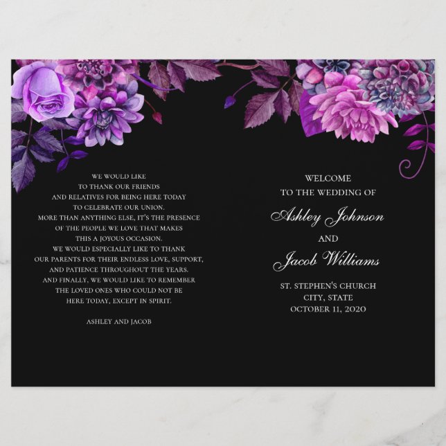 Black wedding program folded. Purple flowers (Front)