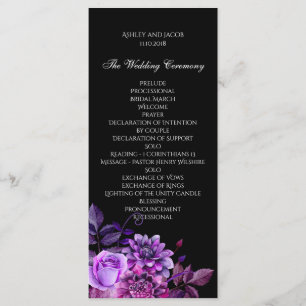 Black wedding program. Purple floral ceremony card