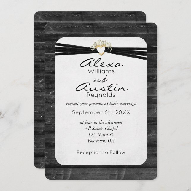 Black Wedding Ribbon and Heart On Wood Invitation (Front/Back)