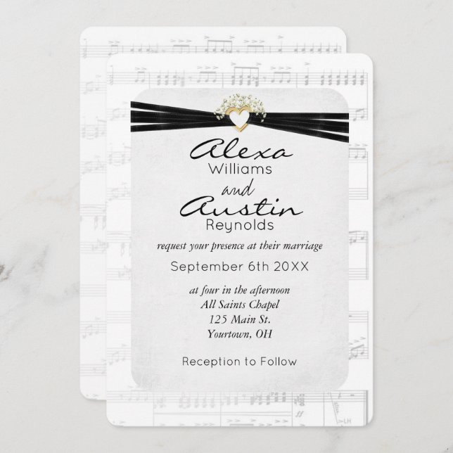 Black Wedding Ribbon On Music Invitation (Front/Back)