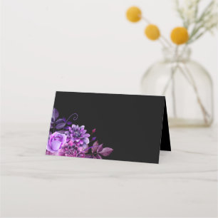 Black wedding seating card. Purple flowers. Floral Place Card