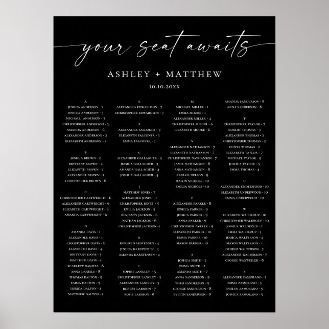 Black Wedding Seating Chart | Elegant Alphabetical (Front)