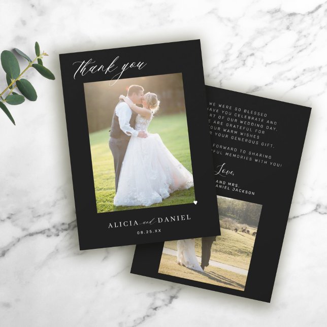 Black wedding simple 2 photo elegant script thank you card (Creator Uploaded)