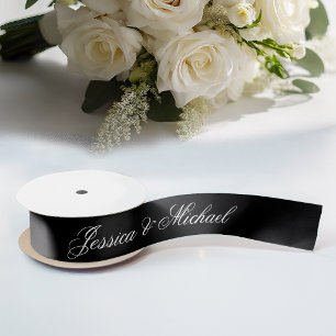Black Wedding Simple Calligraphy Elegant Script  Satin Ribbon