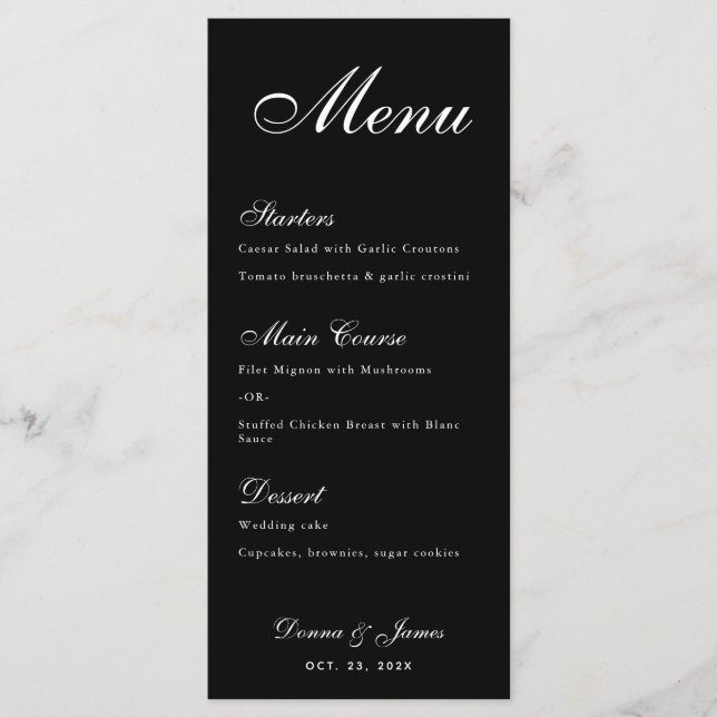 Black Wedding Simple White Script Calligraphy  Menu (Front)