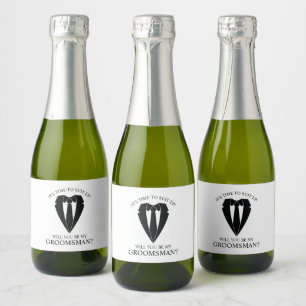 Black Wedding Suit and Tie Groomsman Proposal Sparkling Wine Label