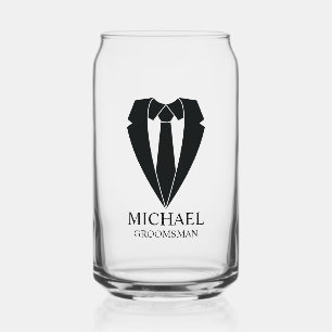 Black Wedding Suit and Tie Personalised Groomsmen Can Glass