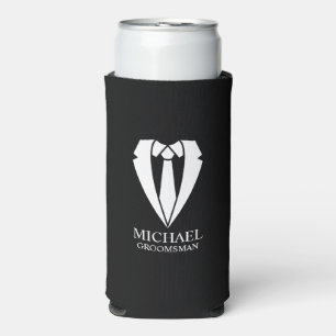 Black Wedding Suit and Tie Personalised Groomsmen Seltzer Can Cooler
