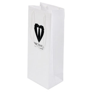 Black Wedding Suit and Tie Personalised Groomsmen Wine Gift Bag