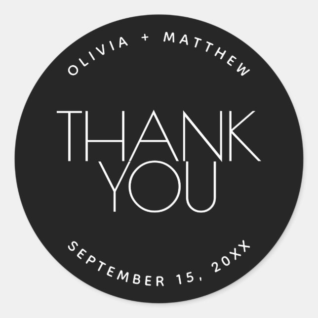 Black Wedding Thank You | Modern Clean Minimalist Classic Round Sticker (Front)