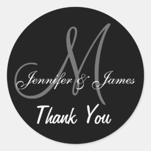 Black Wedding Thank You Monogram Names Classic Round Sticker
