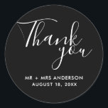 Black Wedding Thank You Wedding Favour  Classic Round Sticker<br><div class="desc">Wedding favour stickers in black and white. Say thank you to your wedding guests with these personalised wedding stickers in a gorgeous script font that read: Thank you. Personalise with your names and wedding date.</div>