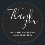 Black Wedding Thank You Wedding Favour  Classic Round Sticker<br><div class="desc">Wedding favour stickers in black and white. Say thank you to your wedding guests with these personalised wedding stickers in a gorgeous script font that read: Thank you. Personalise with your names and wedding date.</div>