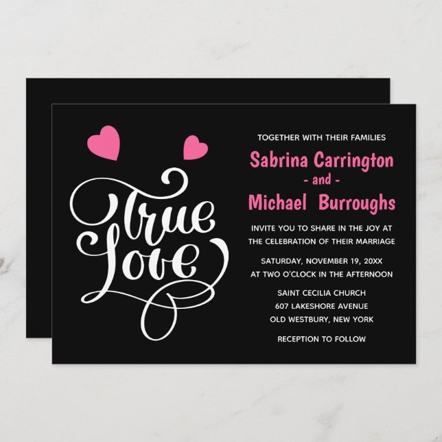 Black Wedding True Love Pink Hearts Typography Invitation (Front/Back)