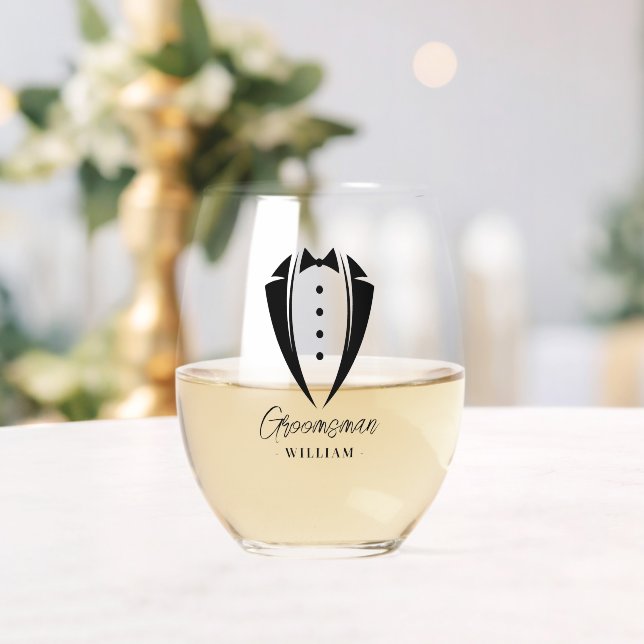 Black Wedding Tuxedo Groomsman Proposal Gift Stemless Wine Glass (Insitu (Wedding))