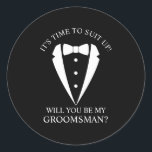 Black Wedding Tuxedo Suit Groomsman Proposal Classic Round Sticker<br><div class="desc">Make Your Wedding Unforgettable – Add a personal touch with a groomsman proposal sticker
featuring a tuxedo suit and bow tie illustration with groomsmen proposal message in a classic serif font.</div>
