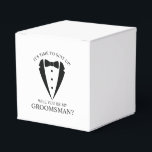 Black Wedding Tuxedo Suit Groomsman Proposal Favour Box<br><div class="desc">Make Your Wedding Unforgettable – Add a personal touch with a groomsman proposal favour gift boxes
featuring a black tuxedo suit and bow tie illustration with groomsmen proposal message in a classic serif font.</div>