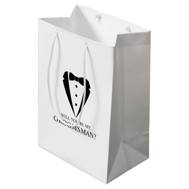 Black Wedding Tuxedo Suit Groomsman Proposal Medium Gift Bag (Front Angled)