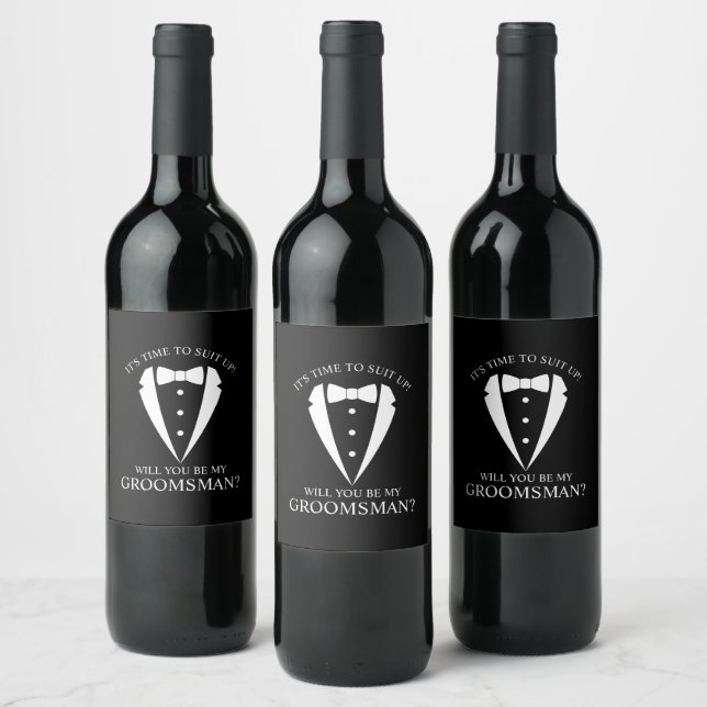 Black Wedding Tuxedo Suit Groomsman Proposal Wine Label (Bottles)