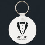 Black Wedding Tuxedo Suit Personalised Groomsmen Key Ring<br><div class="desc">Make Your Wedding Unforgettable – Add a personal touch with a custom groomsmen gift
featuring a black tuxedo suit and bow tie illustration with a personalised groomsman's name and title in a classic serif font.

 A perfect keepsake for your groomsmen,  best man,  father of the bride,  and more!</div>