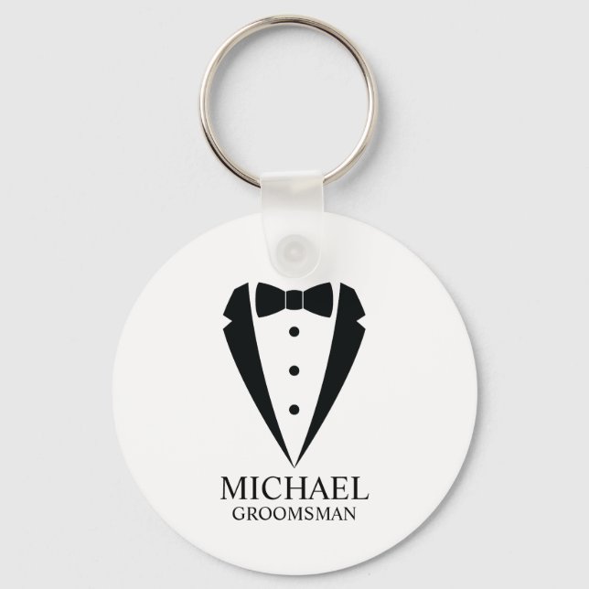 Black Wedding Tuxedo Suit Personalised Groomsmen Key Ring (Front)