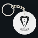 Black Wedding Tuxedo Suit Personalised Groomsmen Key Ring<br><div class="desc">Make Your Wedding Unforgettable – Add a personal touch with a custom groomsmen gift
featuring a black tuxedo suit and bow tie illustration with a personalised groomsman's name and title in a classic serif font.

 A perfect keepsake for your groomsmen,  best man,  father of the bride,  and more!</div>