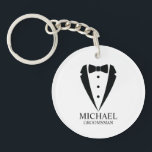 Black Wedding Tuxedo Suit Personalised Groomsmen Key Ring<br><div class="desc">Make Your Wedding Unforgettable – Add a personal touch with a custom groomsmen gift
featuring a black tuxedo suit and bow tie illustration with a personalised groomsman's name and title in a classic serif font.

 A perfect keepsake for your groomsmen,  best man,  father of the bride,  and more!</div>