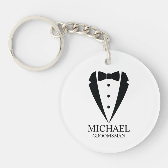 Black Wedding Tuxedo Suit Personalised Groomsmen Key Ring (Front)