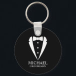 Black Wedding Tuxedo Suit Personalised Groomsmen Key Ring<br><div class="desc">Make Your Wedding Unforgettable – Add a personal touch with a custom groomsmen gift
featuring a tuxedo suit and bow tie illustration with a personalised groomsman's name and title in a classic serif font.

 A perfect keepsake for your groomsmen,  best man,  father of the bride,  and more!</div>