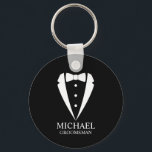 Black Wedding Tuxedo Suit Personalised Groomsmen Key Ring<br><div class="desc">Make Your Wedding Unforgettable – Add a personal touch with a custom groomsmen gift
featuring a tuxedo suit and bow tie illustration with a personalised groomsman's name and title in a classic serif font.

 A perfect keepsake for your groomsmen,  best man,  father of the bride,  and more!</div>