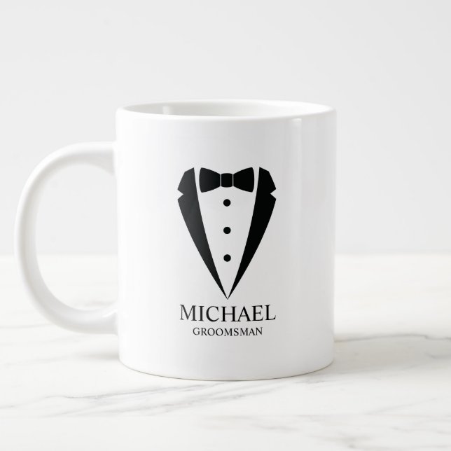 Black Wedding Tuxedo Suit Personalised Groomsmen Large Coffee Mug (Left)