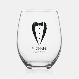 Black Wedding Tuxedo Suit Personalised Groomsmen Stemless Wine Glass
