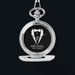 Black Wedding Tuxedo Suit Personalised Groomsmen Watch<br><div class="desc">Make Your Wedding Unforgettable – Add a personal touch with a custom groomsmen gift
featuring a tuxedo suit and bow tie illustration with a personalised groomsman's name and title in a classic serif font.

 A perfect keepsake for your groomsmen,  best man,  father of the bride,  and more!</div>