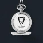 Black Wedding Tuxedo Suit Personalised Groomsmen Watch<br><div class="desc">Make Your Wedding Unforgettable – Add a personal touch with a custom groomsmen gift
featuring a black tuxedo suit and bow tie illustration with a personalised groomsman's name and title in a classic serif font.

 A perfect keepsake for your groomsmen,  best man,  father of the bride,  and more!</div>
